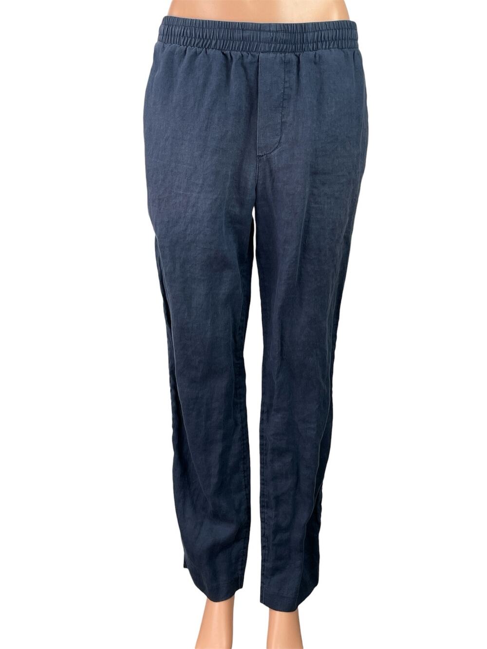 H&M Women's Blue 100% Linen Elastic Waist High Rise Tapered Trousers Pants Sz S